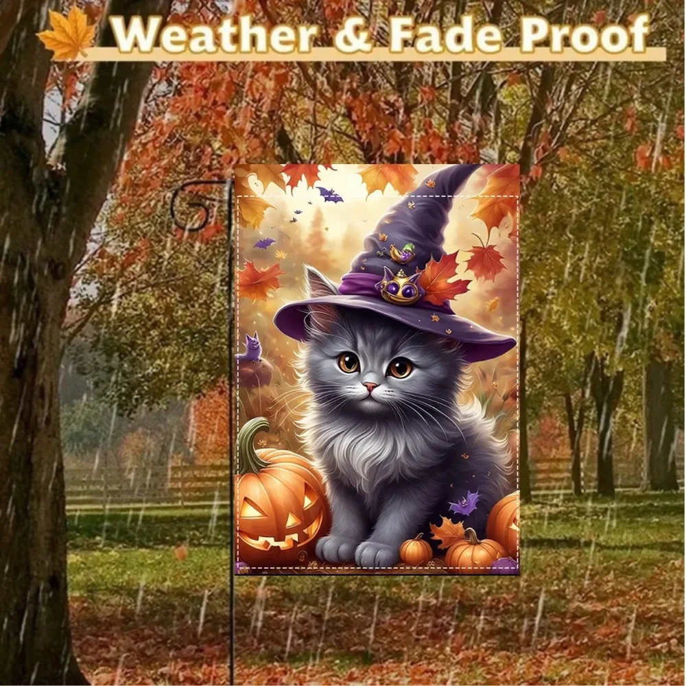 Garden Flag, 12”x18”, Halloween Witch Cat, Burlap Polyester Doublesided